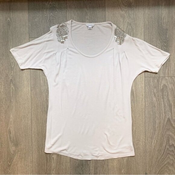 Calvin Klein Women's Embellished Shoulder T-Shirt Short Sleeve Oversized Grey - Picture 5 of 14